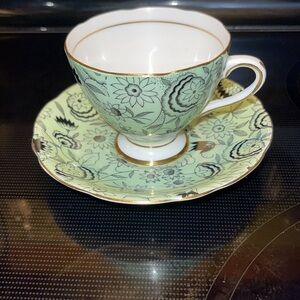 Vintage Gladstone Tea Cup Saucer Mikado Green Tea Cup with Black Gold